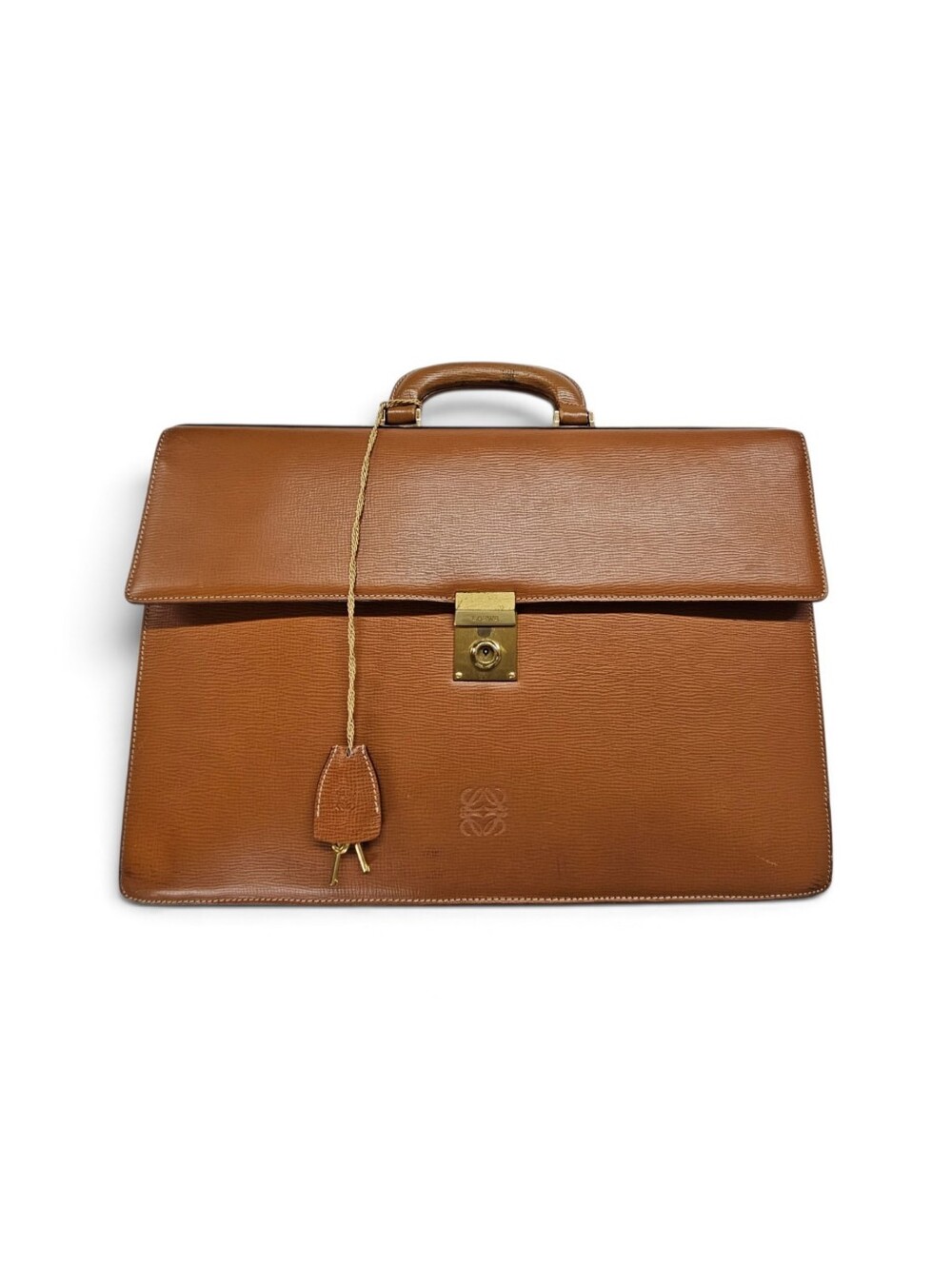 Loewe Anagram Cognac Leather Top-Handle Briefcase with Gold Hardware And Keys